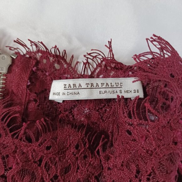 Zara Trafaluc Womens Lace Top Blouse Dark Red Cropped See Through Sheer Size S - Picture 4 of 6
